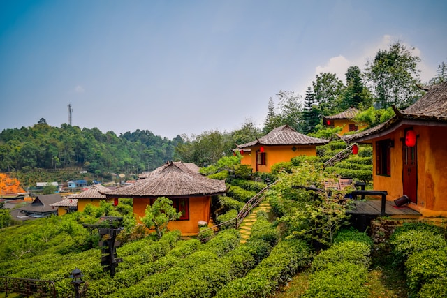Village authentique de Ban Rak Thai à Mae Hong Son, avec ses maisons traditionnelles en argile au milieu des plantations de thé en terrasses.