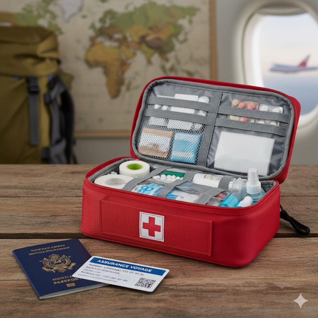 Trousse de secours et carte d'assurance voyage pour la Thaïlande, posées à côté d'un passeport sur une table.