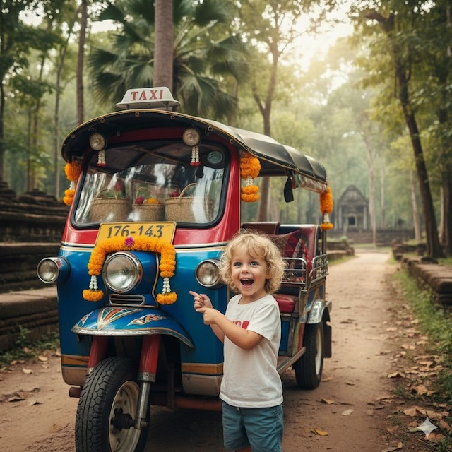 Jeune enfant souriant avec émerveillement et pointant du doigt un tuk-tuk traditionnel thaïlandais sur un chemin de terre.