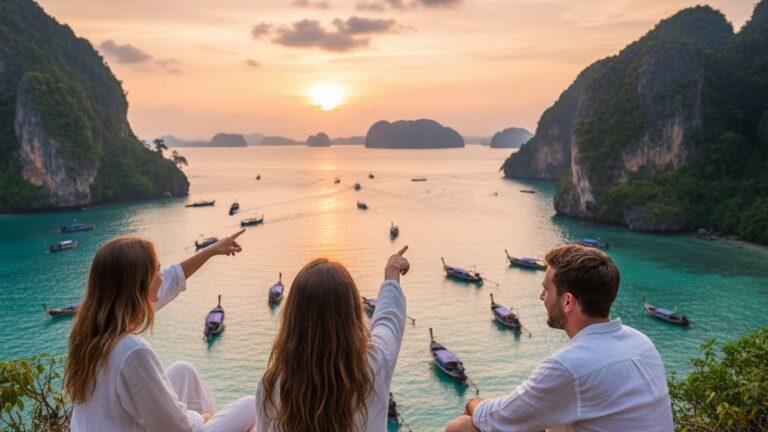 Trois voyageurs assis au sommet d'un point de vue en Thaïlande, pointant du doigt les bateaux long-tail dans une baie au coucher du soleil.