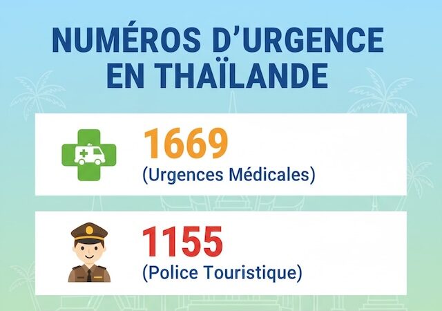 Infographie des numéros d'urgence essentiels en Thaïlande pour un touriste : 1669 (ambulance) et 1155 (police touristique anglophone).