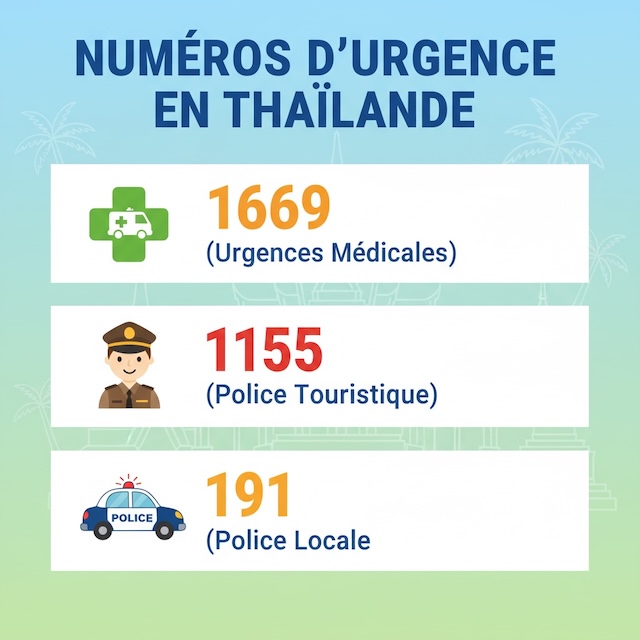 Infographie des numéros d'urgence en Thaïlande : 1669 pour les urgences médicales, 1155 pour la police touristique, et 191 pour la police locale.