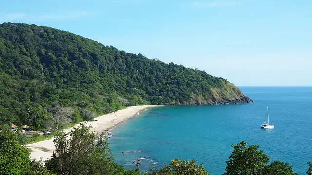 ue panoramique d'une plage de sable fin bordée par une forêt verdoyante et une mer turquoise sur l'île de Koh Lanta, en Thaïlande.