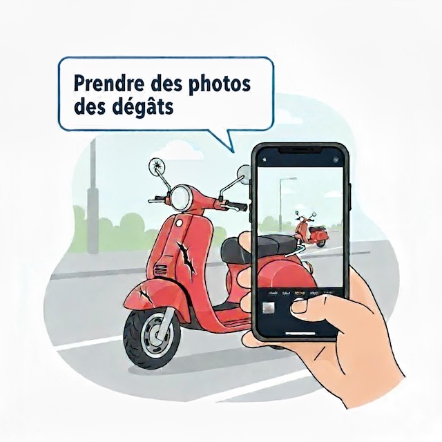 Illustration montrant une personne utilisant son smartphone pour prendre en photo les dégâts sur un scooter rouge après un accident en Thaïlande.