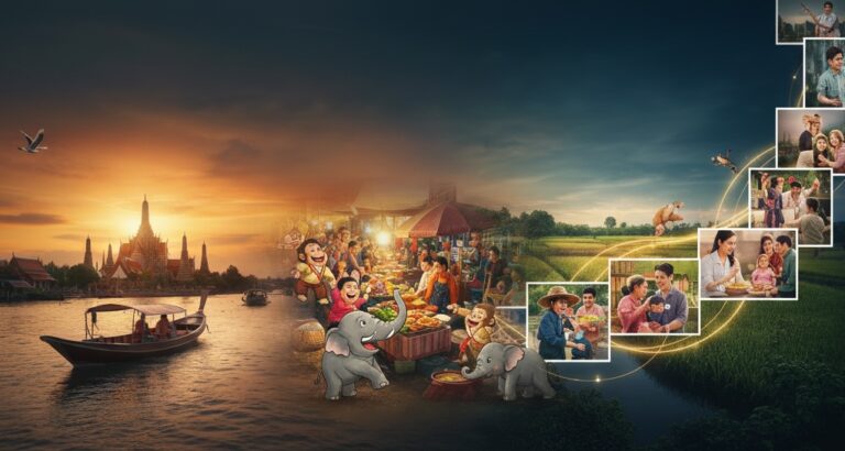 Frise d’images de pubs thaïlandaises mêlant scènes émouvantes et humour sur fond de marché, temple et rizières