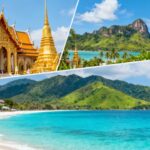 Que faire en Thaïlande : montage photo avec un temple doré, une plage de sable fin et des montagnes verdoyantes.
