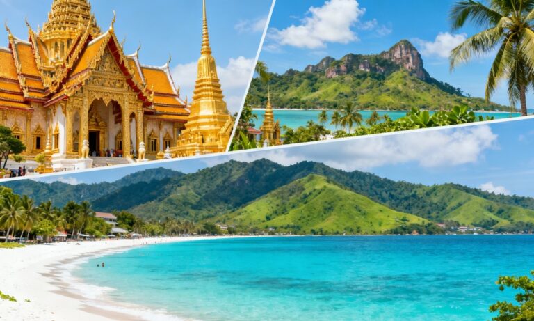 Que faire en Thaïlande : montage photo avec un temple doré, une plage de sable fin et des montagnes verdoyantes.