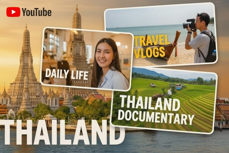 Montage photo de reportages sur la Thaïlande avec le temple Wat Arun, des rizières et des créateurs de contenu YouTube.