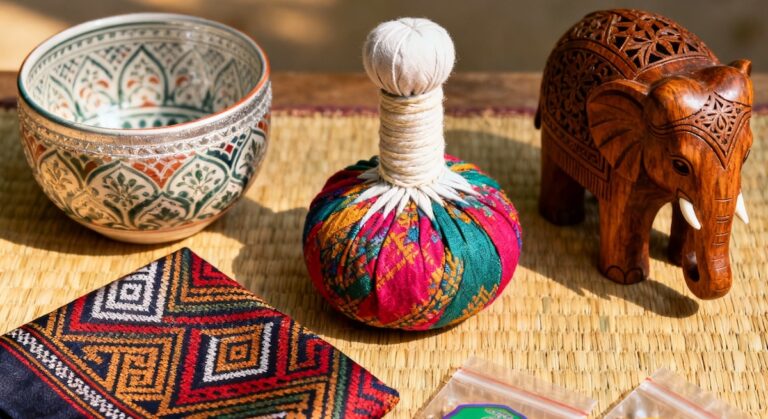 Composition de souvenirs de Thaïlande avec un éléphant en bois, une compresse de massage, un bol en céramique et des épices.