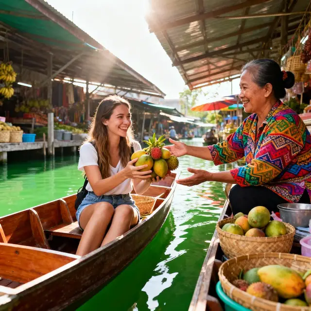 Jeune voyageuse souriante achetant des fruits à une vendeuse locale sur un marché flottant traditionnel en Thaïlande.