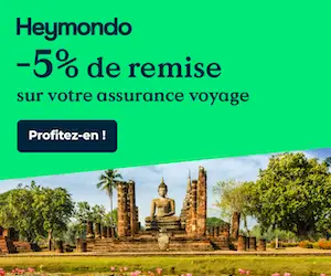 Bannière publicitaire offrant 5% de remise sur l'assurance voyage Heymondo.