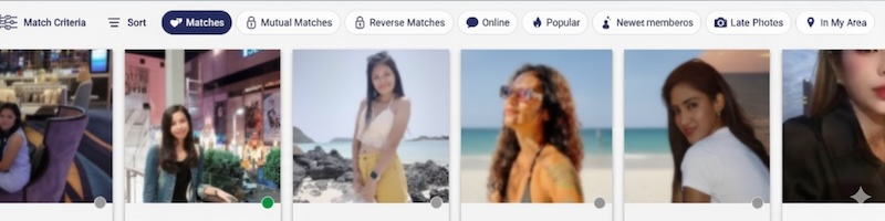 Capture d'écran de l'interface du site de rencontre ThaiCupid, montrant des filtres de recherche et des profils anonymisés, illustrant son aspect plus classique.