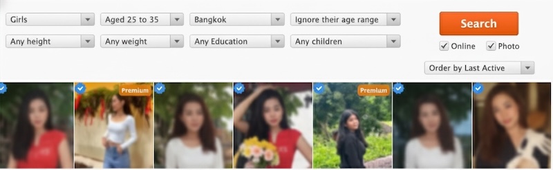 Capture d'écran de l'interface de recherche de ThaiFriendly, le meilleur site de rencontre en Thaïlande, montrant les filtres et une grille de profils anonymisés.
