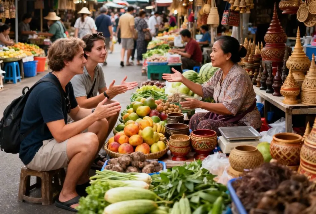 Deux touristes en train de négocier avec une vendeuse souriante sur un marché de fruits et légumes en Thaïlande.