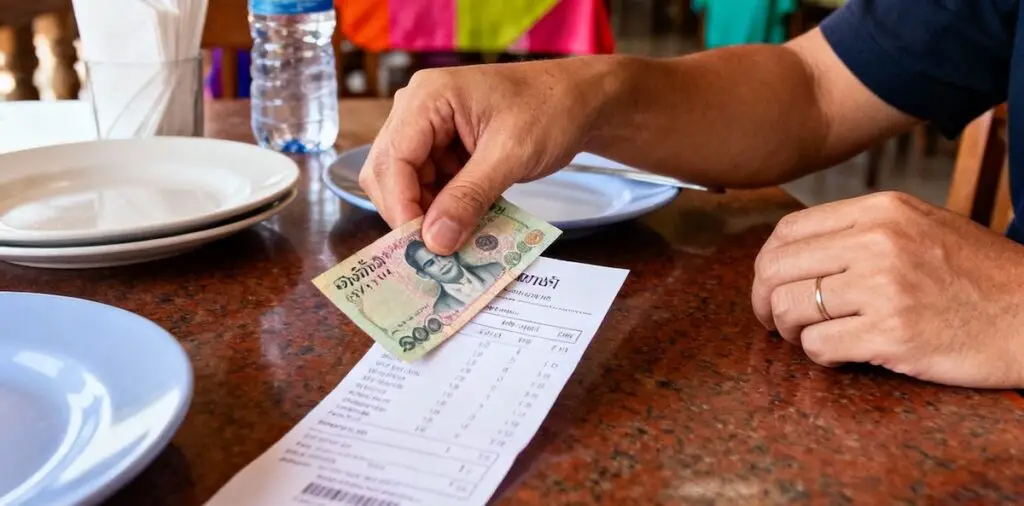 Main d'un voyageur laissant un billet de 100 bahts en pourboire sur une addition dans un restaurant en Thaïlande.
