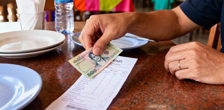 Main d'un voyageur laissant un billet de 100 bahts en pourboire sur une addition dans un restaurant en Thaïlande.