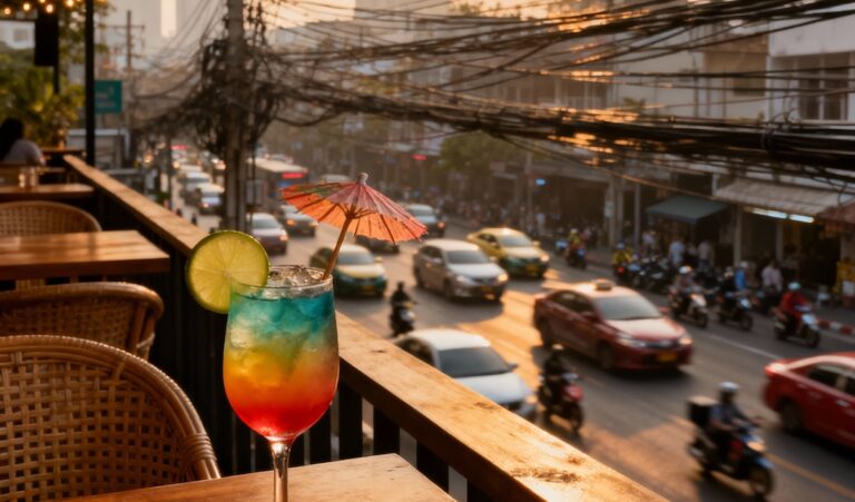 Cocktail coloré sur la terrasse d'un rooftop bar avec vue sur le trafic et les câbles électriques de Bangkok, illustrant les problèmes en Thaïlande.
