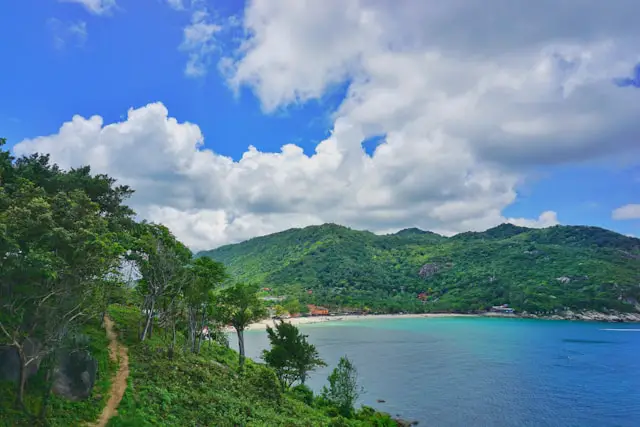 Vue depuis une colline sur une baie de Koh Phangan, montrant une plage de sable, une mer turquoise et une végétation dense, représentative de la nature sauvage de l'île.