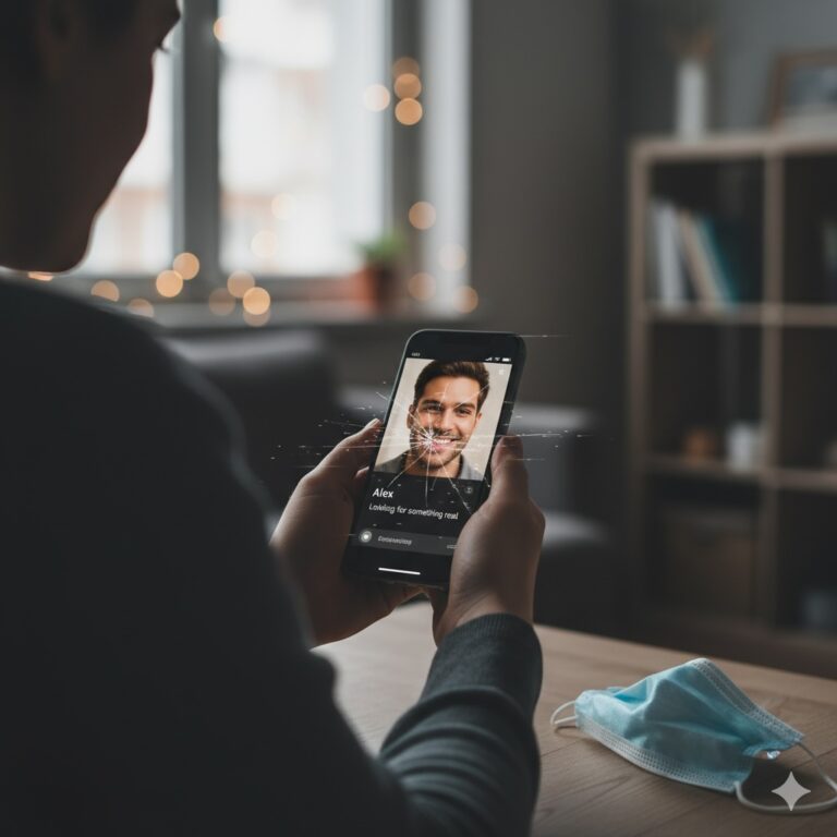 Personne consultant un profil de rencontre frauduleux sur son smartphone, symbolisant une arnaque sentimentale en Thaïlande.