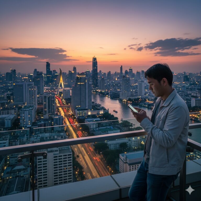 Homme sur un rooftop à Bangkok au coucher du soleil, consultant un site de rencontre sur son smartphone pour un avis sur ThaiCupid.
