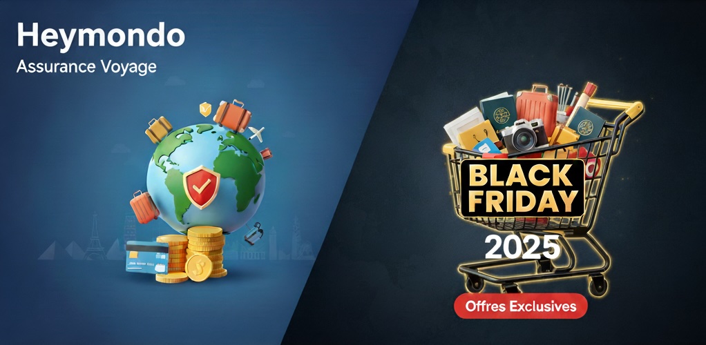 Image Black Friday Heymondo 2025 montrant des offres exclusives sur l’assurance voyage