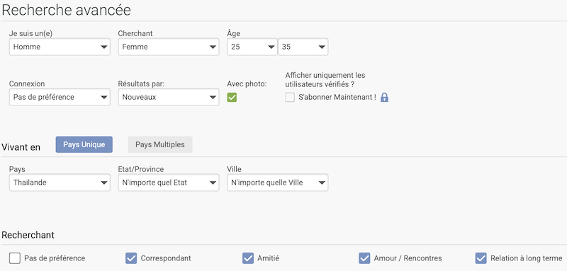 Exemple des filtres de recherche avancée sur ThaiCupid, montrant l'option pour trouver une relation à long terme.