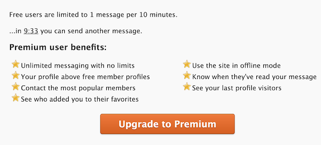 Capture d'écran de l'interface de ThaiFriendly montrant la limite d'un message toutes les 10 minutes pour les utilisateurs gratuits.