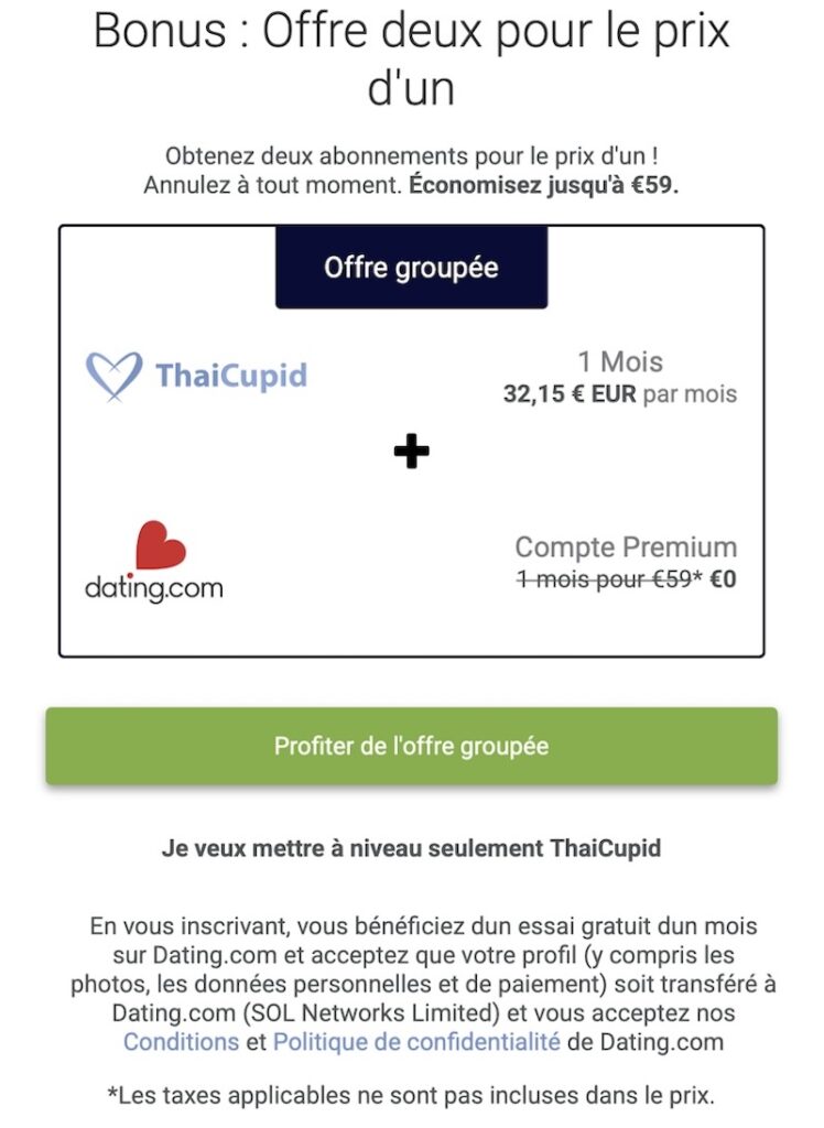Avertissement sur l'offre groupée trompeuse entre ThaiCupid et Dating.com lors du paiement.