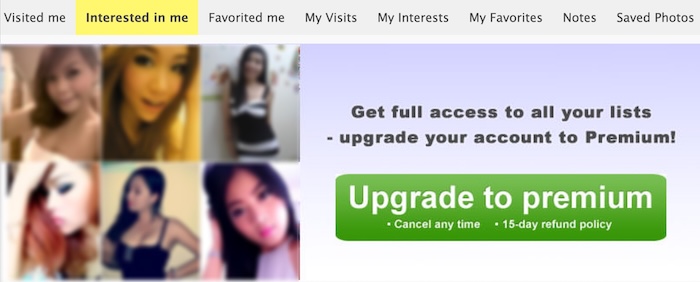 Capture d'écran de l'interface de ThaiFriendly montrant des profils de visiteurs floutés, avec un bouton pour passer au compte Premium.