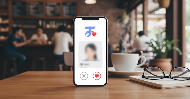 Smartphone posé sur une table de café en Thaïlande affichant une application de rencontres avec un bouton cœur et une fiche de profil floutée