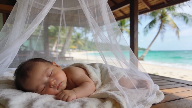 Bébé dormant sous une moustiquaire face à la plage en Thaïlande