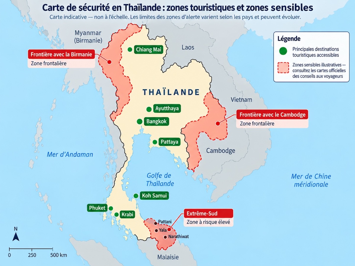 Carte de sécurité en Thaïlande montrant les principales destinations touristiques et les zones sensibles près des frontières avec le Cambodge et la Birmanie ainsi que dans l’extrême-sud
