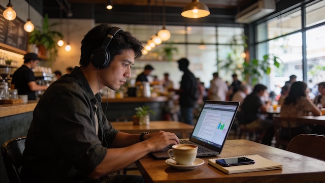 Jeune homme d’une trentaine d’années travaillant seul sur son ordinateur portable avec un casque audio dans un café bondé à Chiang Mai, en Thaïlande