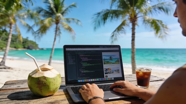 Digital nomad travaillant sur ordinateur avec noix de coco face à la mer en Thaïlande (Visa DTV)