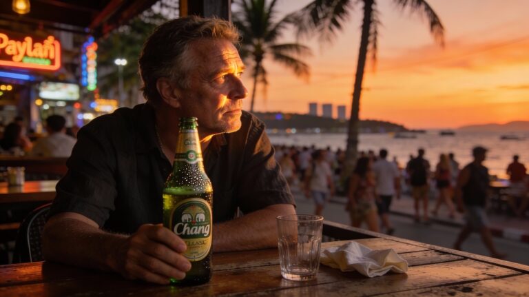 Homme d’une cinquantaine d’années assis seul à une table de bar à Pattaya, une bière Chang à la main, face à la mer et à la foule au coucher du soleil