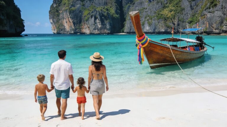 Famille avec enfants marchant sur une plage de Thaïlande face à un bateau longtail dans une eau turquoise