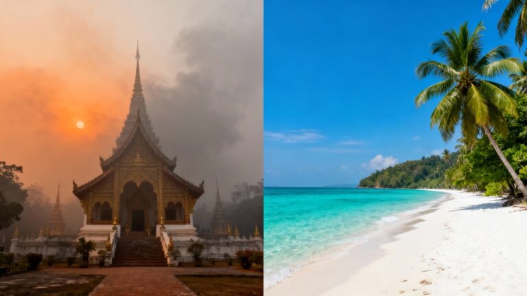 Temple du nord de la Thaïlande noyé dans la fumée des brûlis à gauche et plage tropicale au ciel bleu dans le sud à droite, illustrant la différence de pollution en mars