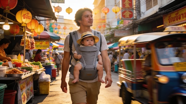 Père portant son bébé en porte-bébé ergonomique dans une rue animée de Bangkok avec un tuk-tuk