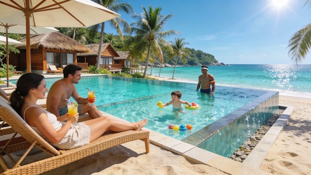 Famille en vacances dans un resort en Thaïlande, avec piscine à débordement en bord de mer