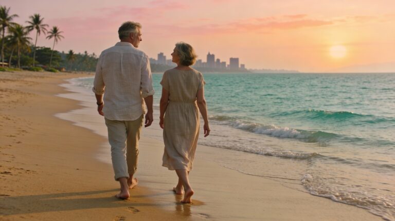 Couple de retraités marchant pieds nus sur une plage en Thaïlande au coucher du soleil