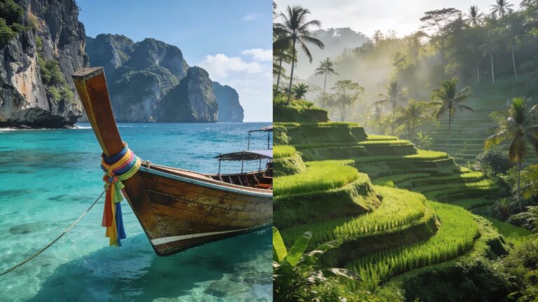 Comparatif voyage Thaïlande ou Bali : Bateau longtail traditionnel sur eau turquoise à Krabi contre rizières en terrasse verdoyantes à Ubud.