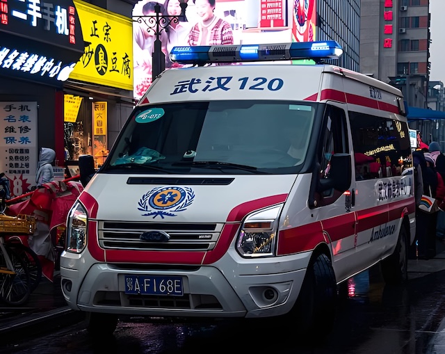 Ambulance d'urgence 120 dans une rue animée en Chine