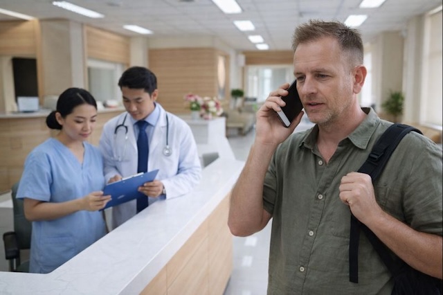 Voyageur contactant son assurance dans un hôpital privé en Asie pour une prise en charge médicale sans avance de frais