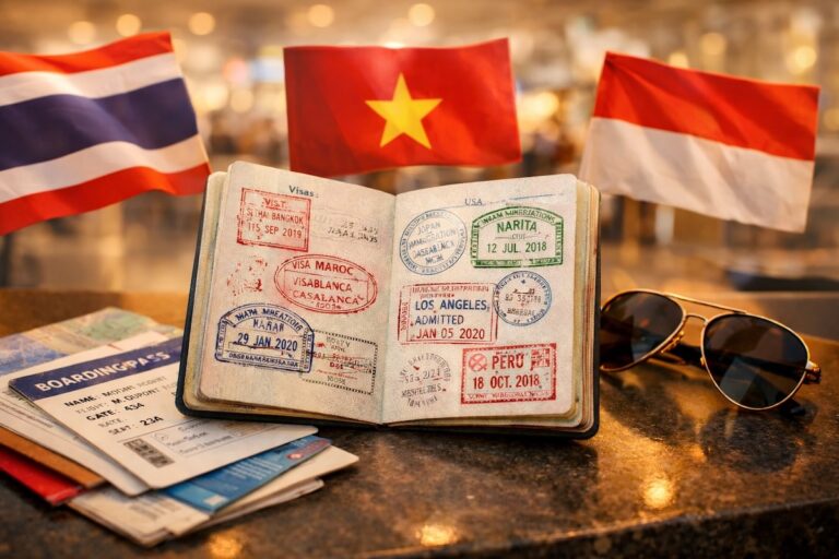 Documents essentiels pour voyager en Asie : passeport avec timbres Bangkok, Narita, visas, boarding pass et drapeaux des pays asiatiques