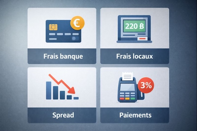 infographie 4 sources frais bancaires Asie : frais banque carte, frais ATM locaux 220฿, spread taux change, frais paiements carte 3%