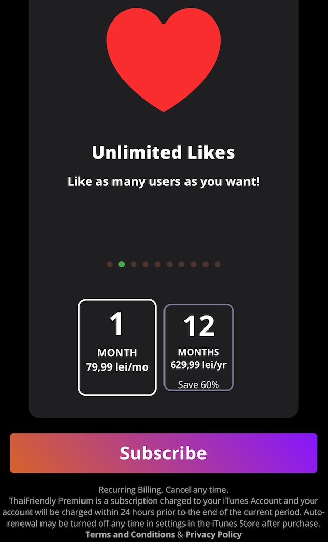 Capture d’écran des tarifs ThaiFriendly Premium sur mobile montrant les prix et les likes illimités