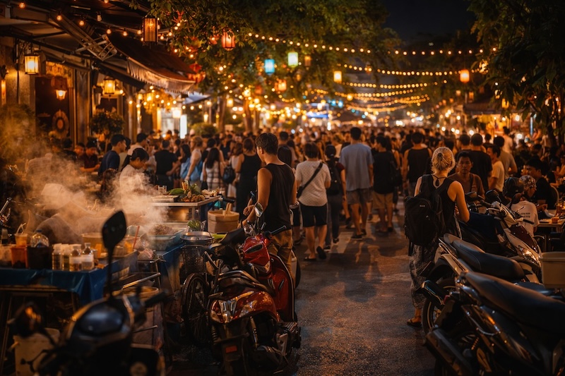 Foule de voyageurs et locaux profitant des stands de street food illuminés dans un quartier animé de Bangkok la nuit.