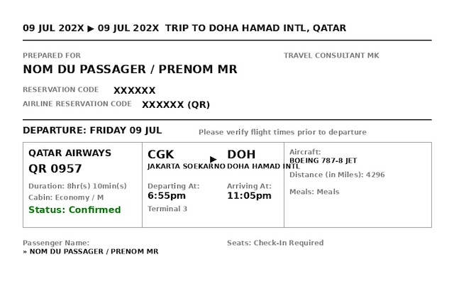 Exemple de réservation temporaire (Onward Ticket) avec un code PNR vérifiable pour prouver sa sortie de territoire.