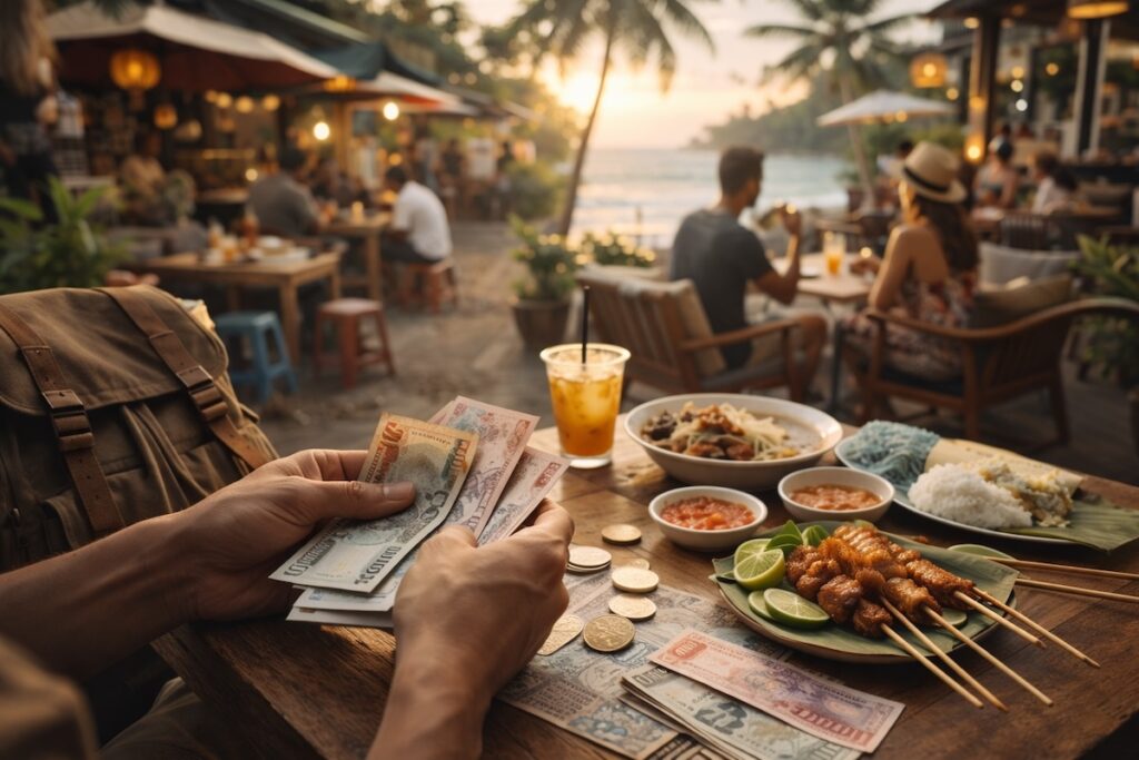 Comparaison du budget voyage en Asie du Sud-Est avec argent local et street food en bord de mer