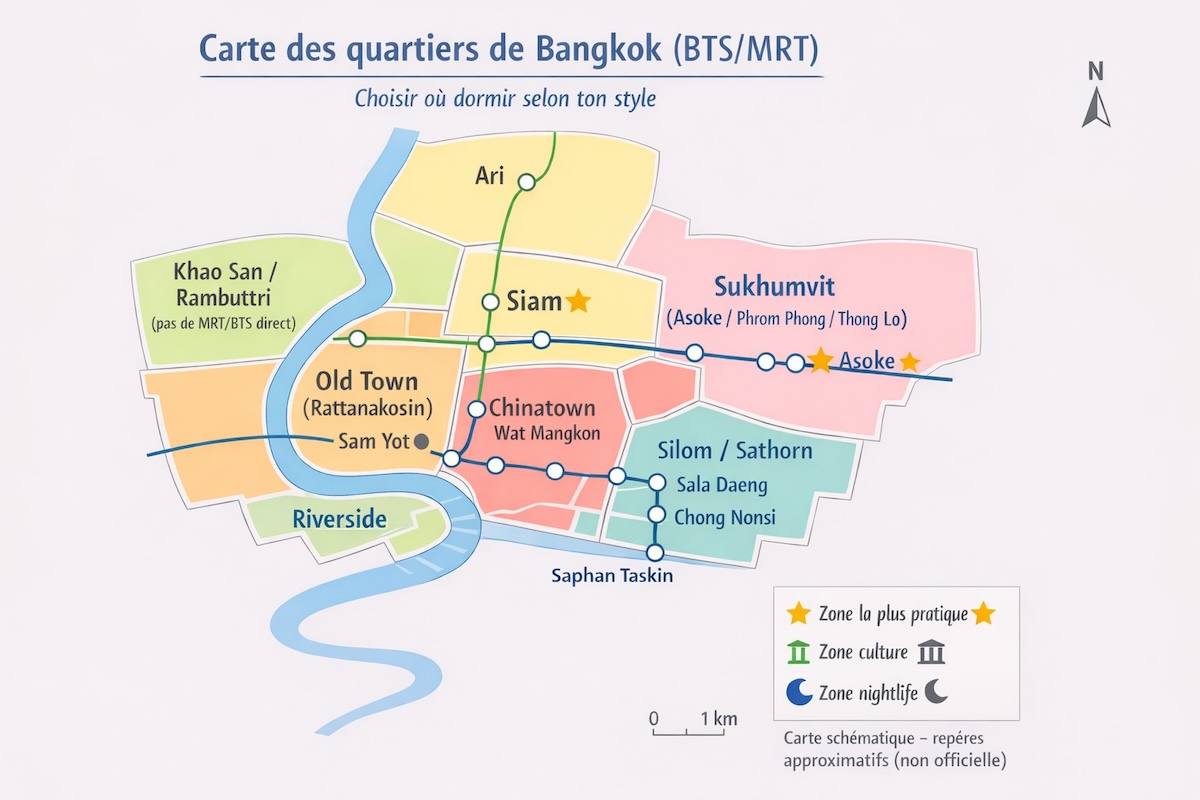 Carte schématique des quartiers de Bangkok avec repères BTS/MRT : Sukhumvit (Asoke), Siam, Silom/Sathorn, Riverside, Old Town, Chinatown, Ari et Khao San.